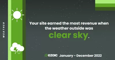 Մեր Ezoic կարեւորում է 2022 թվականի հունվարի 1-ը մինչեւ 2022 թ. Դեկտեմբերի 31-ը : Եղանակ - Our sites earned the most revenue when the weather outside was clear sky.