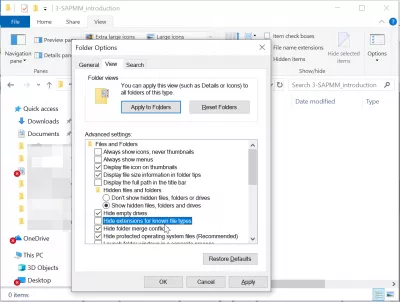 Как Да Промените Windows 10 Файлови Асоциации? : Разрешаване на файловите разширения да се показват в Windows Explorer, като махнете отметката от опцията скрий разширенията за известни типове файлове