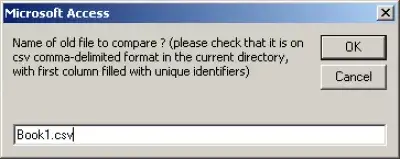 Kuidas võrrelda 2 CSV faili MS Accessiga : Joonis 6: Esitatava faili nime andmine võrdlemisel 2CSVfiles-v1.2.mdb