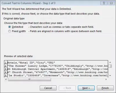 Colar CSV no Excel : Etapa 1 selecione o tipo de dados Delimitado