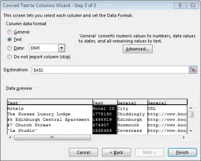 Įklijuokite CSV į „Excel“ : 3 žingsnis pakeiskite stulpelio formatą į tekstą