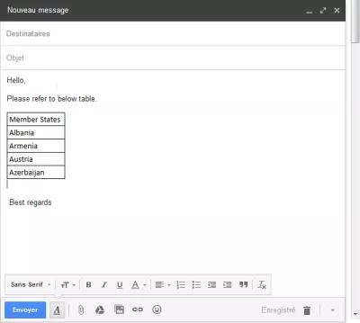 Hoe om 'n tabel in Gmail te verwyder : E-pos in Gmail met tabel