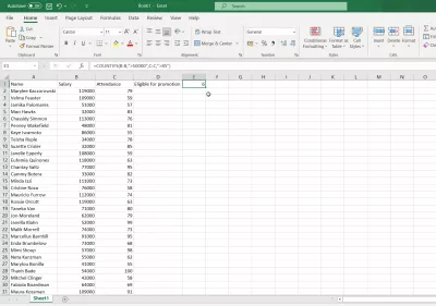 ספירת פונקציות ב Excel: ספירת, Counta, Countif, Countifs : שימוש בפונקציה Countifs ב- Excel כדי למצוא עובדים זכאים לקידום