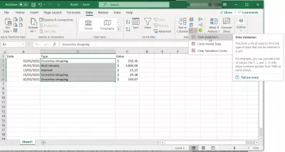 Excel: Cədvəli Veri Doğrulama Siyahısı Açılır olaraq istifadə edin : Excel Məlumat sekmesinde Veri Doğrulama seçimi