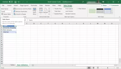 Excel: Bruk tabell som rullegardinmeny for validering av data : Sette opp navn på en datavalideringsliste i et eget regneark