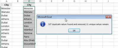 Excel count occurrences : Remove Duplicates operation result summary