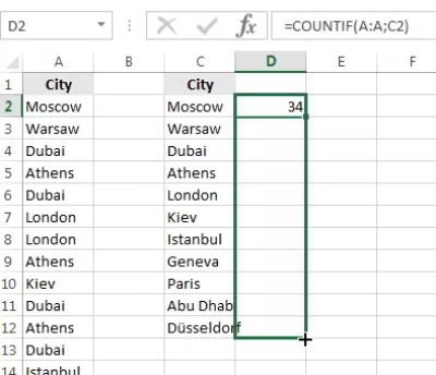 Kejadian hitungan Excel : Lanjutan formula countif untuk semua nilai untuk mengira bilangan kejadian Excel