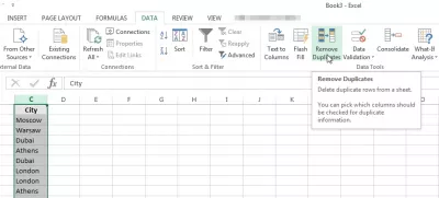 Excel telling gebeure : Kopieer data in 'n nuwe kolom en pas Verwyder duplikate toe