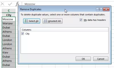 Excel telle hendelser : Fjern Duplikater-alternativer
