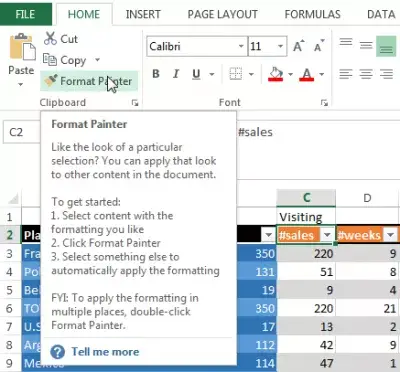 Excel मध्ये एक सारणी चांगली कशी बनवायची : सेल स्वरूपाची कॉपी करण्यासाठी फॅक्टर चित्रकार