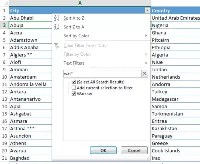 Excel wildcard filter : Resultater som starter med en streng og slutter med en hvilken som helst kjede med tegn som bruker Excel wildcard * stjerne