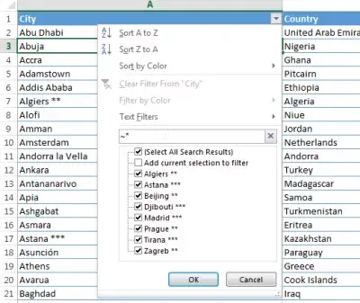 Excel wildcard filter : Wildcard foran med Excel wildcard tilde ~ returnerer strenge som inneholder den