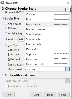 GIMP disegna una linea retta o una freccia : GIMP disegna le opzioni a linee tratteggiate