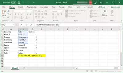 Hoe kan u die aantal selle en karakters in 'n sel in Excel tel? : Gebruik funksies om karakters in selle te tel
