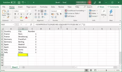 Hoe kan u die aantal selle en karakters in 'n sel in Excel tel? : Kenmerkvoorvalle in Excel is in omvang met funksies SUMPRODUCT, SUBSTITUTE, LEN