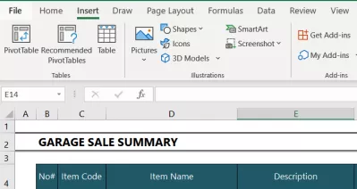 Cara membuat jadual pangsi di Excel : Gambar 2: Pilihan menu "Masukkan".