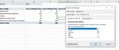 วิธีสร้างตารางสาระสำคัญใน Excel : รูปที่ 7: การตั้งค่าฟิลด์ค่า
