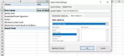 How to create a pivot table in Excel : Figure 9: Selecting ‘% of Grand Total’.