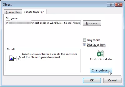 Lisa Exceli fail Wordi : Ärge unustage, et sisestada sisukat nime, et valida Display as Icon, ja Change ikooni