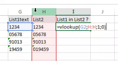 Come fare un vlookup in Excel? Excel help vlookup : Fig09 Applica vlookup su entrambi gli elenchi incollati come testo