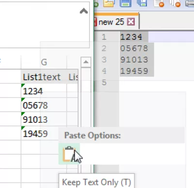Kā veikt pārskatīšanu programmā Excel? Excel palīdzības vlookup : Fig06 Kopējiet ielīmētas vērtības no teksta redaktora Excel teksta formatētās kolonnās