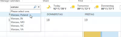 Microsoft OutLook תחזית מזג האוויר עבור המיקום שלי : הזן שם מיקום ובחר את השם הנכון