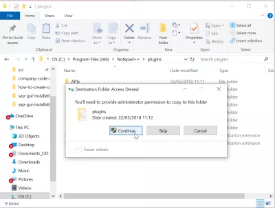 Jak dodać menedżera brakujących wtyczek Notepad ++? : Prawa dostępu administratora potrzebne do skopiowania pliku wtyczki do folderu