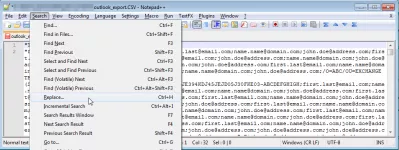 Бележник ++ извлечете имейл адреси от текстов файл в няколко стъпки : Търсене => Замяна на менюто