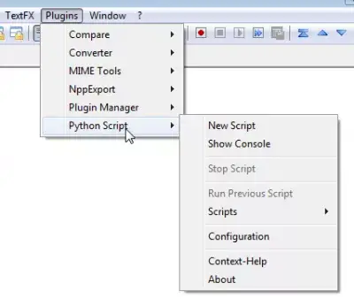 Notepad ++ instala o plug-in do Script Python com o Plugin Manager : Encontre o novo plugin Python Script no menu Plugins