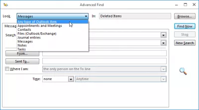 Outlook löytää sähköpostikansion muutamassa helpossa vaiheessa : Advanced Find -ikkuna, minkä tahansa Outlook-kohteen tyyppi