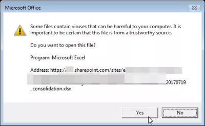 Sharepoint negalėjo atidaryti darbo knygos : Microsoft Office saugumo iškylantis langas