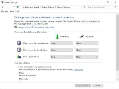 Přidat hibernaci do systému Windows 10 : klikněte na nastavení změn, které momentálně nejsou k dispozici