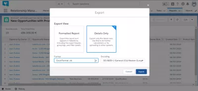 Kā es varu eksportēt datus no SalesForce uz Excel? : Atlasītās eksporta iespējas un dati, kas ir gatavi eksportam