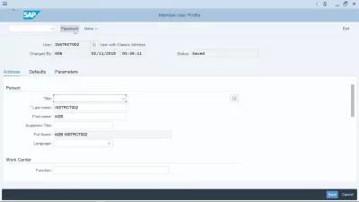 Как да смените паролата в SAP? : Бутон за промяна на парола в екрана за поддържане на потребителски профил