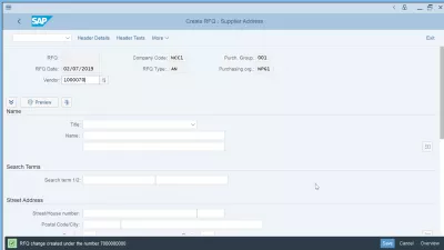 Zapytanie ofertowe: Utwórz łatwo ZO w SAP za pomocą ME41 : Utwórz zapytanie ofertowe: utworzenie adresu dostawcy
