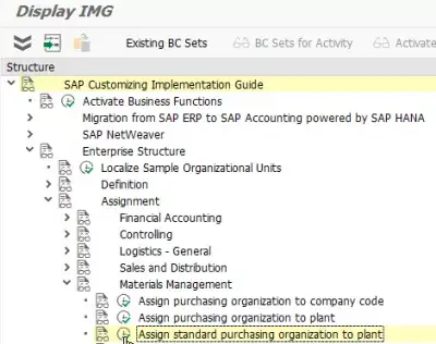 SAP購買組織の会社コードおよびプラントへの割当 : SPROの工場への購買組織の割り当て