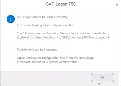 Kus On Windows 10 Faili Saplogon.Ini? : SAP Logoni ei saa õigesti alustada. Viga kohalike konfiguratsioonifailide laadimisel. Järgmine kasutajakonfiguratsioonifail võib olla vale või kättesaadav. Funktsionaalsust saab mõjutada. Dialoogi valikufailide konfiguratsioonifailide komplekti seaded. Vastasel juhul võtke ühendust oma süsteemi administraatoriga.