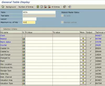 تعرّف SAP على الملفات الشخصية المفتوحة لمادة / مقالة : مرشحات وبيانات المشاهدات المادية المتاحة في الجدول MSTA