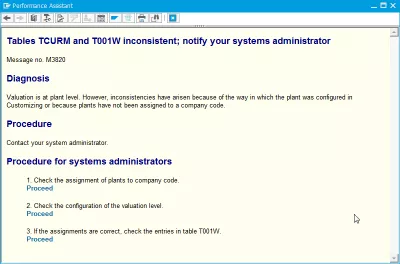 SAP Kako rešiti tabele napak TCURM in T001W nedosledni : Opis napake v orodju Performance Assistant