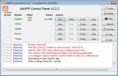 Porta de erro do XAMPP 80 já em uso : Apache iniciado no XAMPP