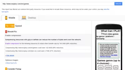 Перевірте стиснення GZIP : Google Page Speed ​​- Оцінка перед активізацією стиснення gzip 72 на мобільному телефоні