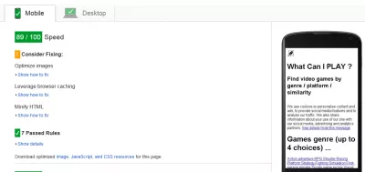 Tjek GZIP-komprimering : Figur 3: Google Page Speed ​​- Score efter aktivering af gzip-komprimering på 89 på mobilen
