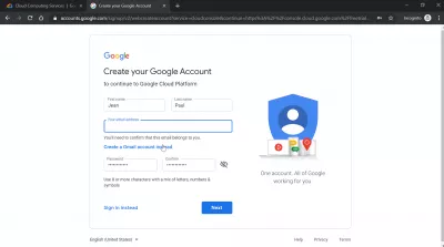 Como criar uma conta do Google Cloud? : Use um endereço de e-mail externo para criar uma conta gratuita do Google Cloud