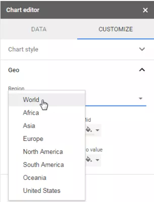 Cum se creează o hartă interactivă în Foi de calcul Google : Selectați regiunea lumii vizibile a unei diagrame a hărții