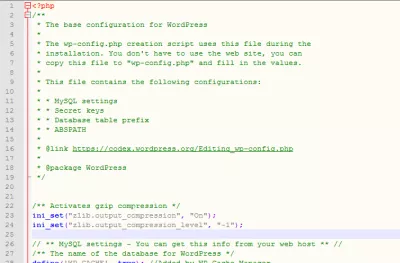 Como habilitar a compressão GZIP WordPress : Adicione o código no arquivo wp.config.php