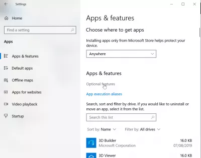 Windows 10 natív SSH PowerShell kliens telepítése : Opcionális szolgáltatások link az alkalmazásokban és a szolgáltatások beállításai