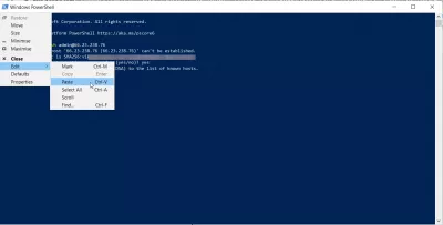 Instalimi i klientit Windows 10 NSH SSH PowerShell : Përdorimi i menusë Windows për të ngjitur të dhënat në Windows SSH