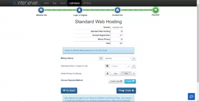 Przegląd hostingu między serwerami dotyczący tworzenia konta : Standardowe informacje o płatności za hosting
