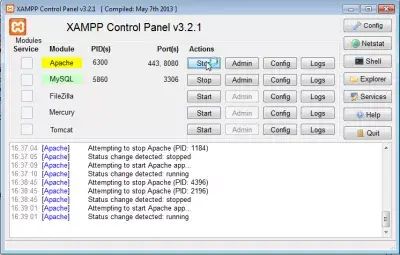 Увезите велику СКЛ датотеку у ПХПМиАдмин : Слика 6: Почетак КСАМПП Апацхе сервера