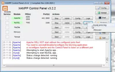 PHPMyAdmin 복구 테이블 : XAMPP 제어판의 MySQL 오류 로그